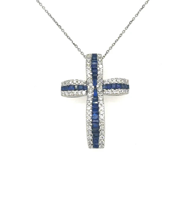 14KT YELLOW GOLD SAPPHIRE AND DIAMONDS CROSS PENDANT