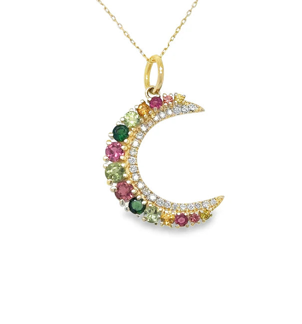 14KT YELLOW GOLD HALF MOON PENDANT WITH TOURMALINE AND DIAMONDS