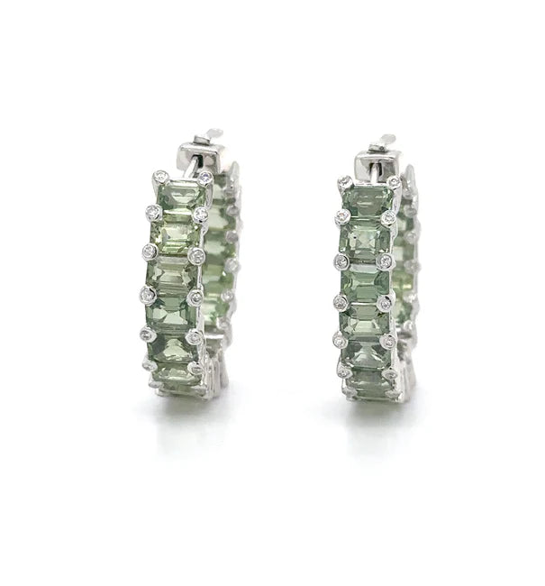 18KT YELLOW GOLD GREEN SAPPHIRE AND DIAMOND HOOP EARRING