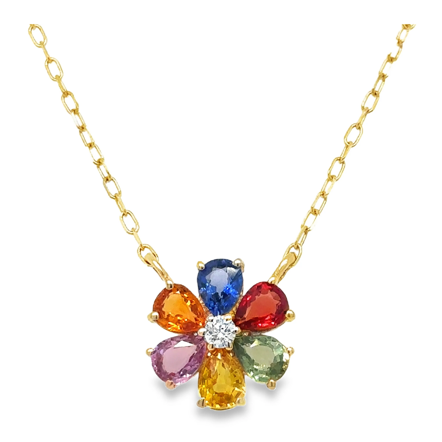 14KT GOLD MULTI SAPPHIRE AND DIAMOND FLOWER PENDANT NECKLACE