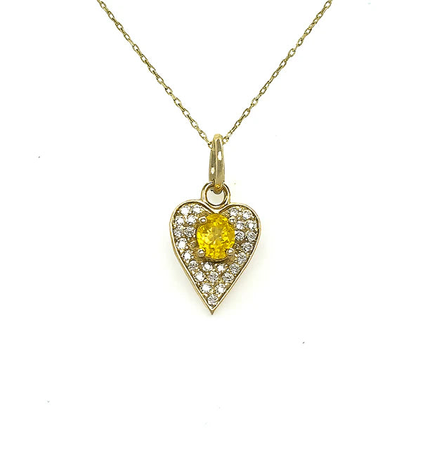 14KT YELLOW GOLD HEART PENDANT WITH YELLOW SAPPHIRE AND DIAMONDS
