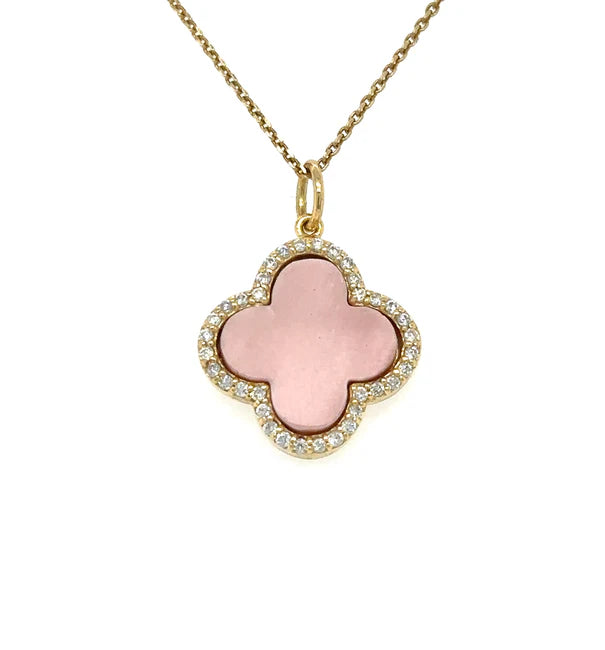 14KT YELLOW GOLD PINK OPAL CLOVER PENDANT WITH DIAMONDS