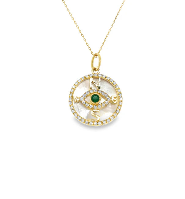 14KT YELLOW GOLD MOTHER OF PEARL AND EMERALD EVIL EYE COMPASS PENDANT WITH DIAMONDS