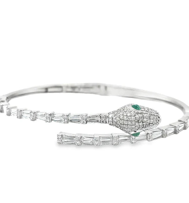 18KT WHITE GOLD EMERALD AND DIAMONDS SNAKE BANGLE