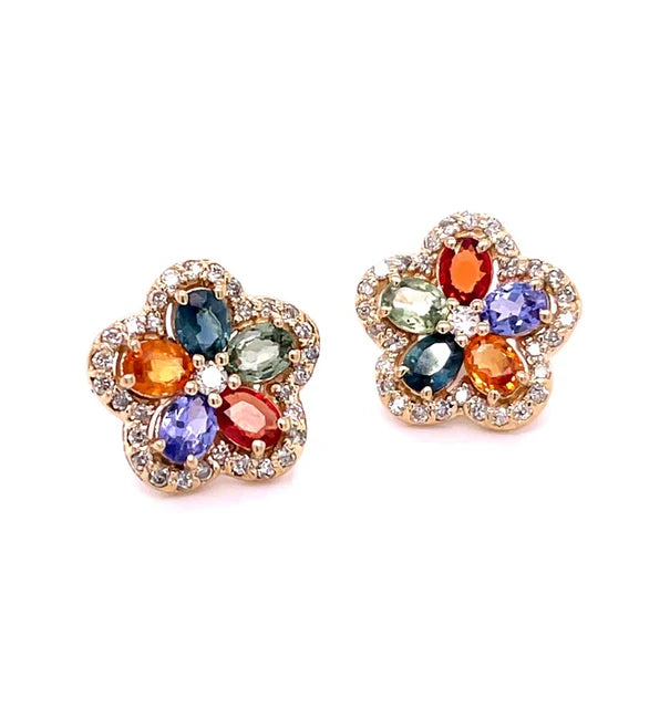 14KT YELLOW GOLD FLOWER MULTI SAPPHIRE DIAMOND EARRING