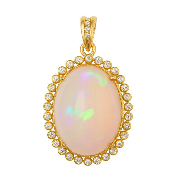 18KT YELLOW GOLD DIAMOND ETHIOPIAN OPAL OVAL SHAPE PENDANT