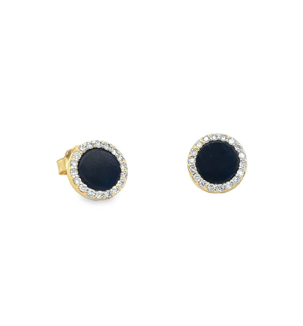 14KT YELLOW GOLD BLACK ONYX WITH DIAMONDS ROUND EARRING