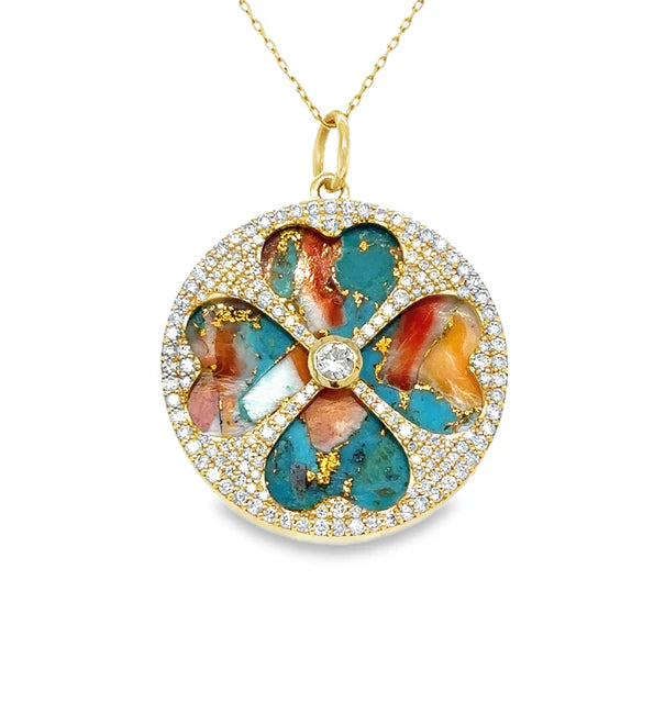 14KT YELLOW GOLD OYSTER TURQUOISE CLOVER PENDANT WITH DIAMONDS
