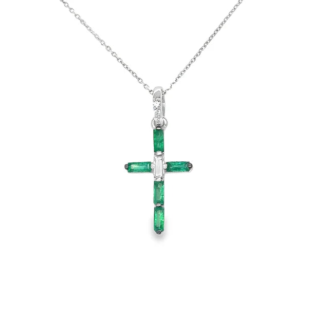14KT WHITE GOLD EMERALD AND DIAMONDS CROSS PENDANT