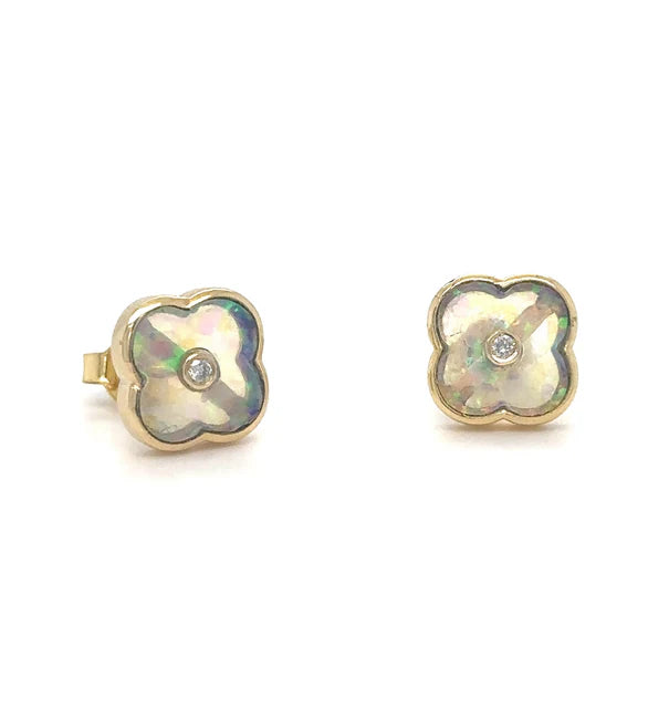 14KT YELLOW GOLD OPAL AND DIAMOND CLOVER EARRING