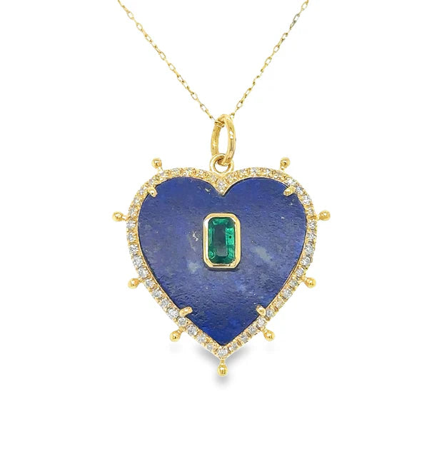 14KT YELLOW GOLD LAPIS HEART PENDANT WITH EMERALD AND DIAMONDS