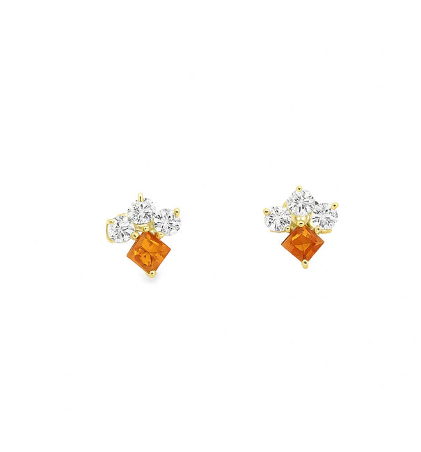 14KT YELLOW GOLD ORANGE SAPPHIRE AND DIAMONDS EARRING