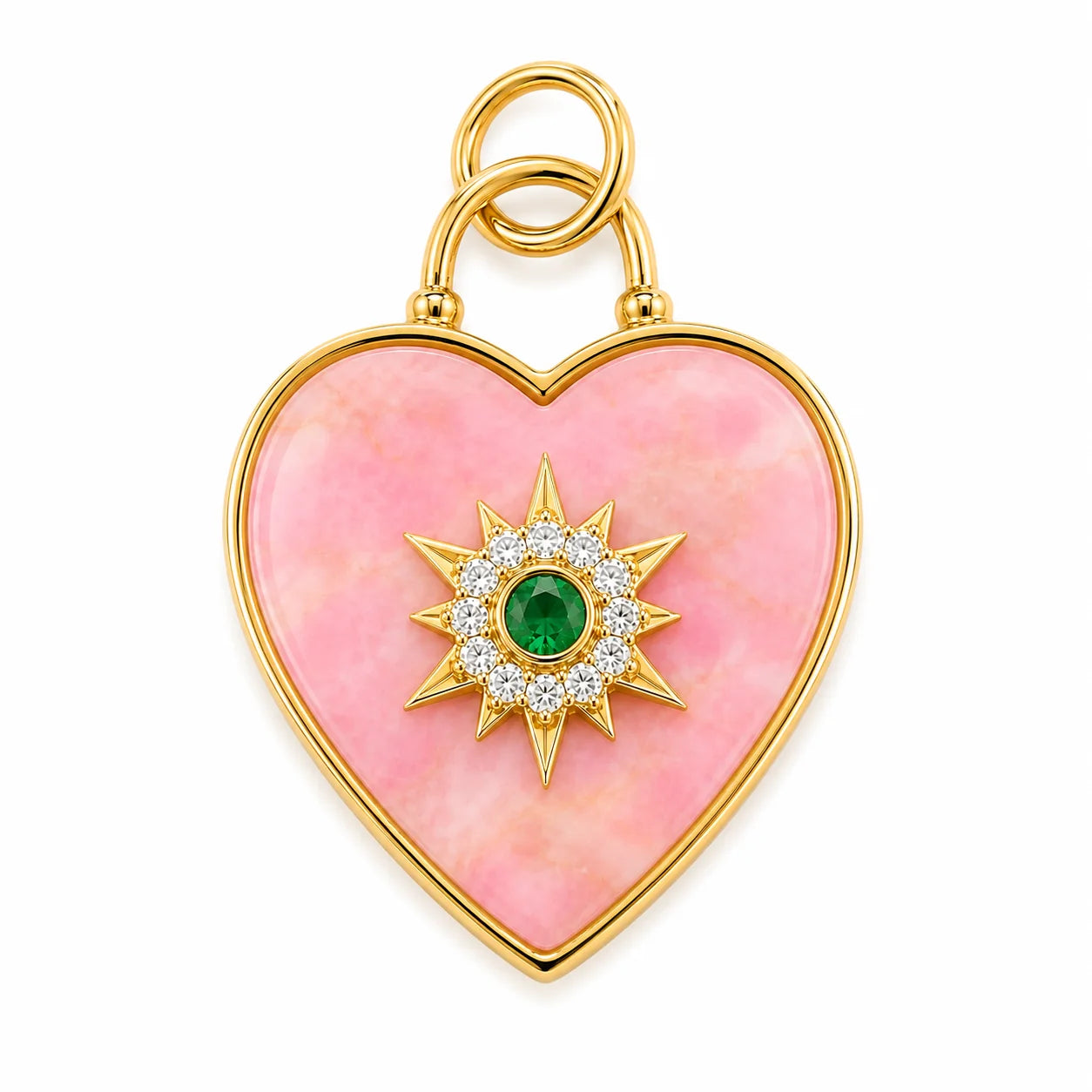 14KT YELLOW GOLD PINK OPAL HEART-SHAPED PENDANT WITH EMERALD AND DIAMONDS