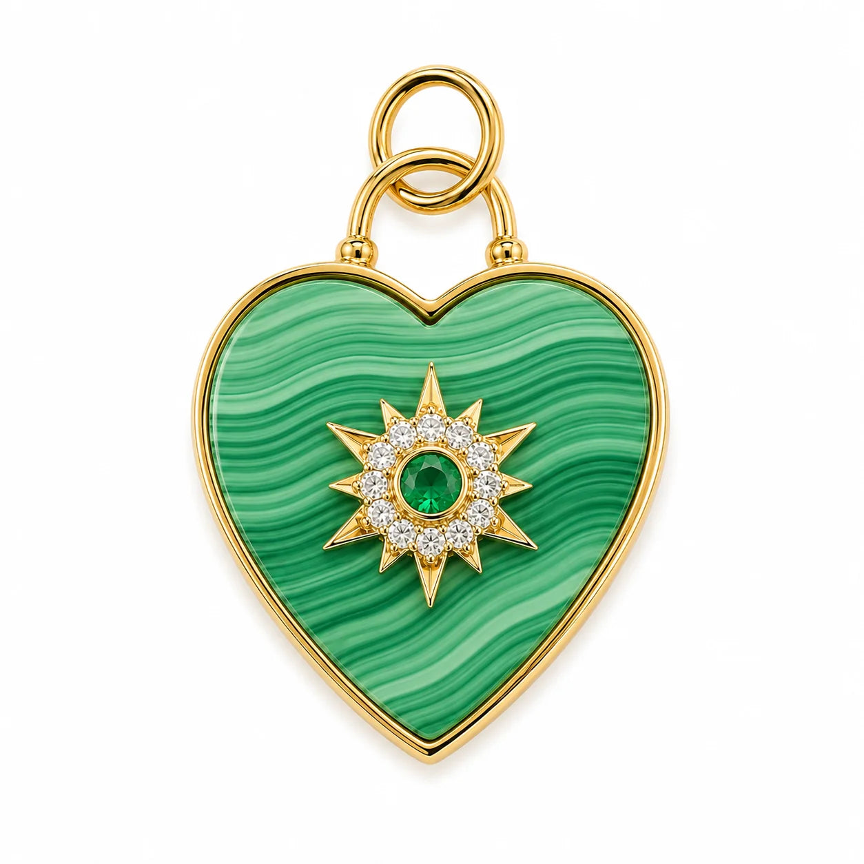 14KT YELLOW GOLD MALACHITE HEART-SHAPED PENDANT WITH EMERALD AND DIAMONDS