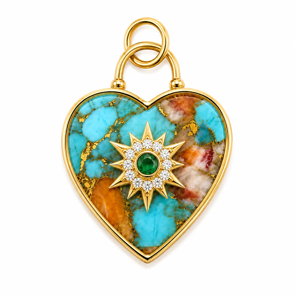 14KT YELLOW GOLD MOHAVE TURQUOISE HEART-SHAPED PENDANT WITH EMERALD AND DIAMONDS