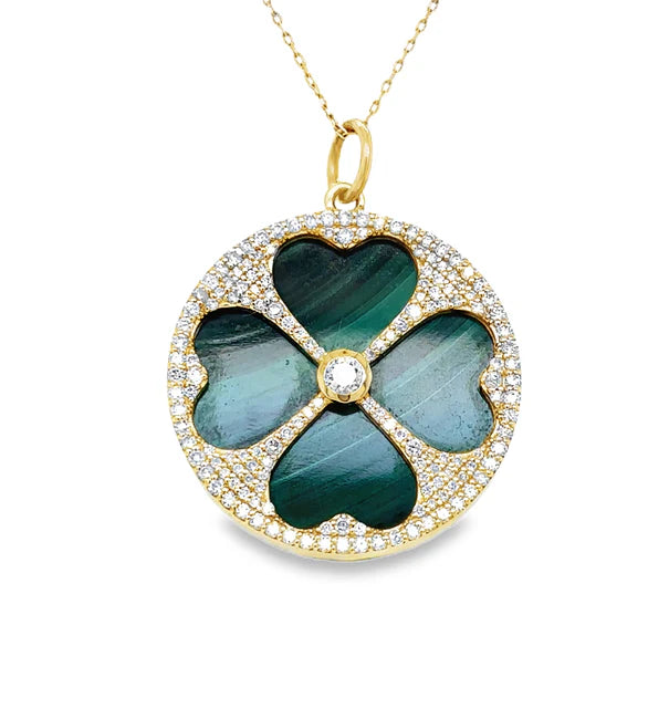 14KT YELLOW GOLD MALACHITE CLOVER PENDANT WITH DIAMONDS