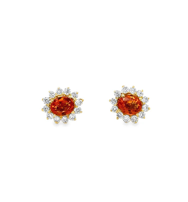 14KT YELLOW GOLD ORANGE SAPPHIRE AND DIAMOND EARRINGS