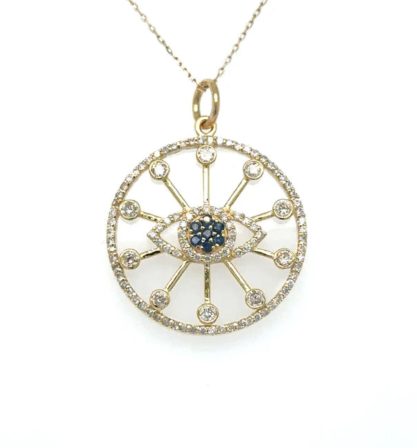 14KT YELLOW GOLD CLEAR QUARTZ EVIL EYE PENDANT WITH DIAMONDS