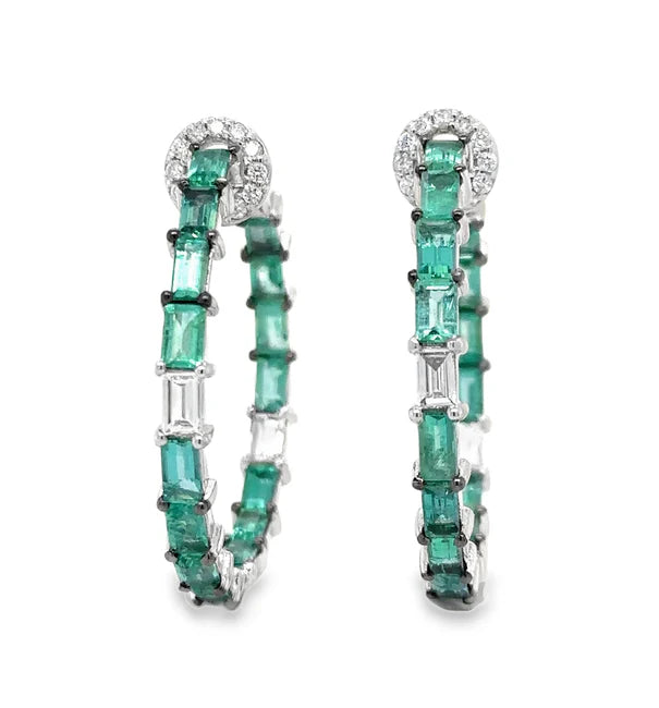 14KT WHITE GOLD EMERALD AND DIAMONDS HOOP EARING