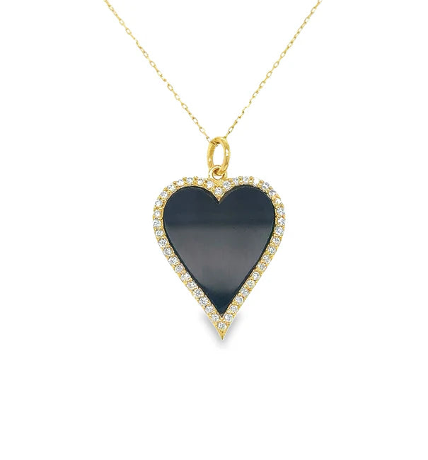14KT YELLOW GOLD BLACK ONYX HEART PENDANT WITH DIAMONDS