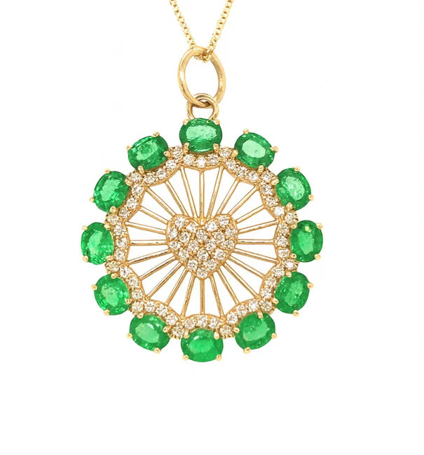 14KT GOLD DIAMONDS/ EMERALD SAPPHIRE HEART ROUND PENDENT