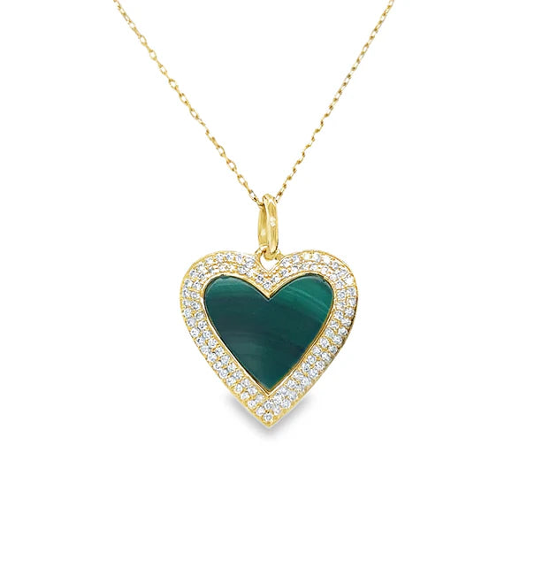 14KT YELLOW GOLD MALACHITE HEART PENDANT WITH DIAMONDS