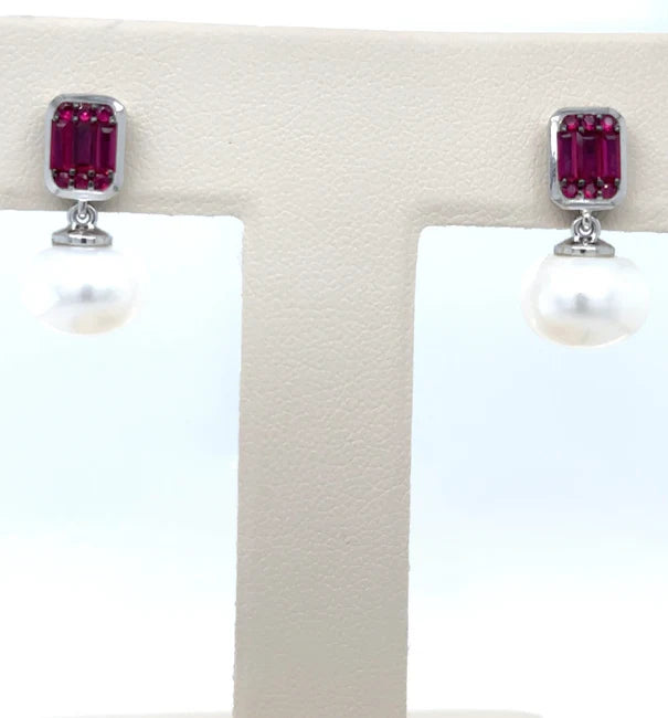 14KT WHITE GOLD FRESH WATER PEARL AND RUBY EARRING