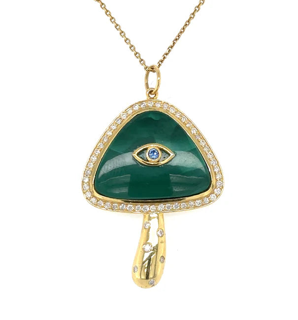 14KT YELLOW GOLD MALACHITE MUSHROOM PENDANT WITH DIAMONDS