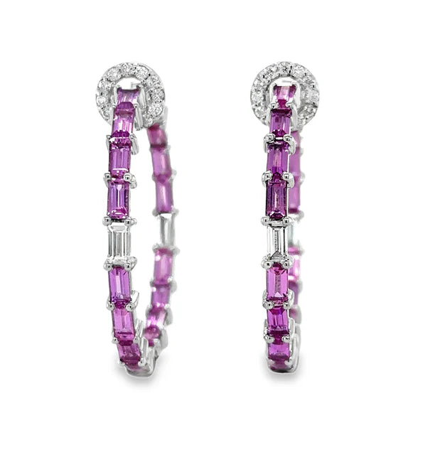 14KT WHITE GOLD PINK SAPPHIRE AND DIAMONDS HOOP EARING