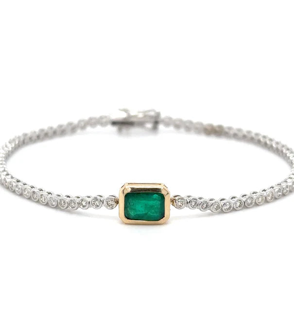 14KT EMERALD OCT AND DIAMOND TENNIS BRACELET