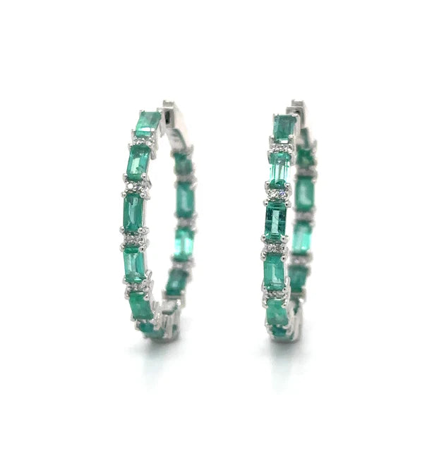14KT WHITE GOLD EMERALD AND DIAMOND HOOP EARRING