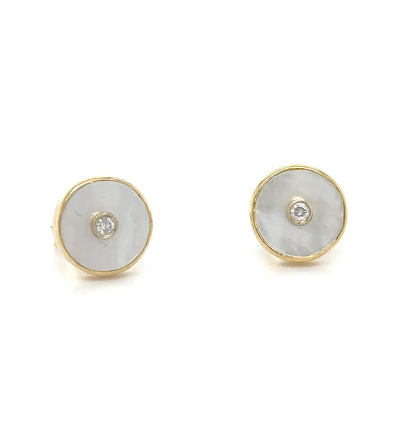14KT YELLOW GOLD MOTHER OF PEARL WITH DIAMOND ROUND EARRING