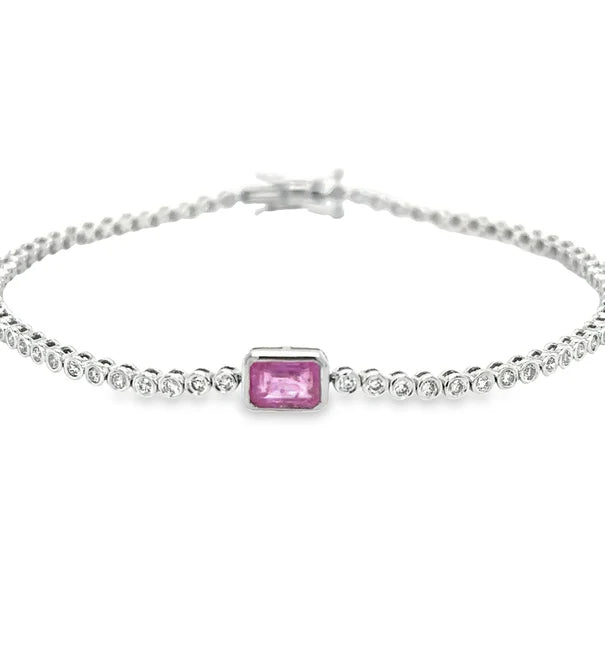 14KT WHITE GOLD PINK SAPPHIRE OCT AND DIAMOND TENNIS BRACELET