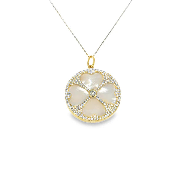 14KT YELLOW GOLD MOTHER OF PEARL CLOVER PENDANT WITH DIAMONDS