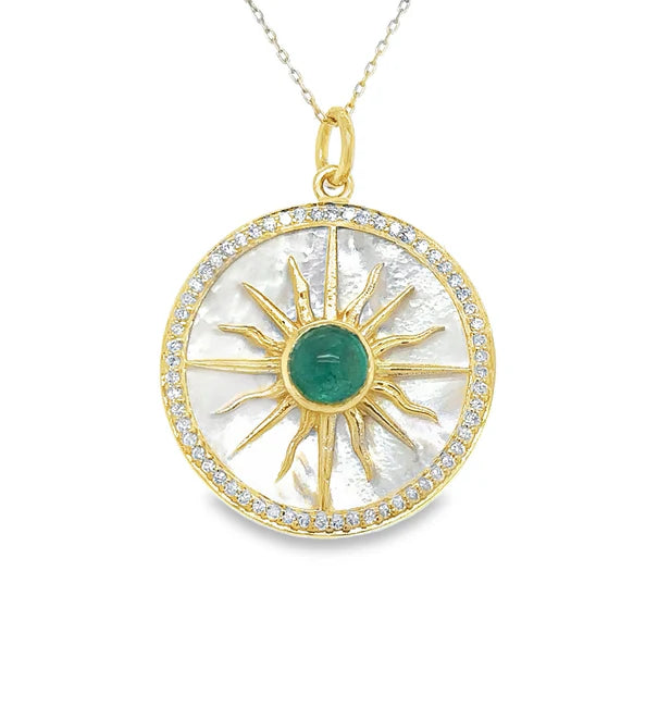 14KT YELLOW GOLD MOTHER OF PEARL PENDANT WITH EMERALD AND DIAMONDS