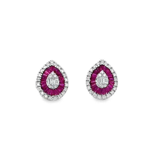 14KT WHITE GOLD RUBY AND DIAMONDS PEAR SHAPE EARRING
