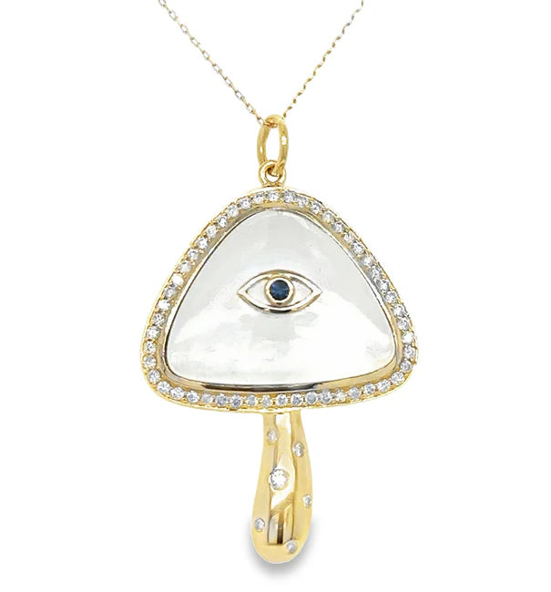 14KT YELLOW GOLD CLEAR QUARTZ MUSHROOM PENDANT WITH DIAMONDS