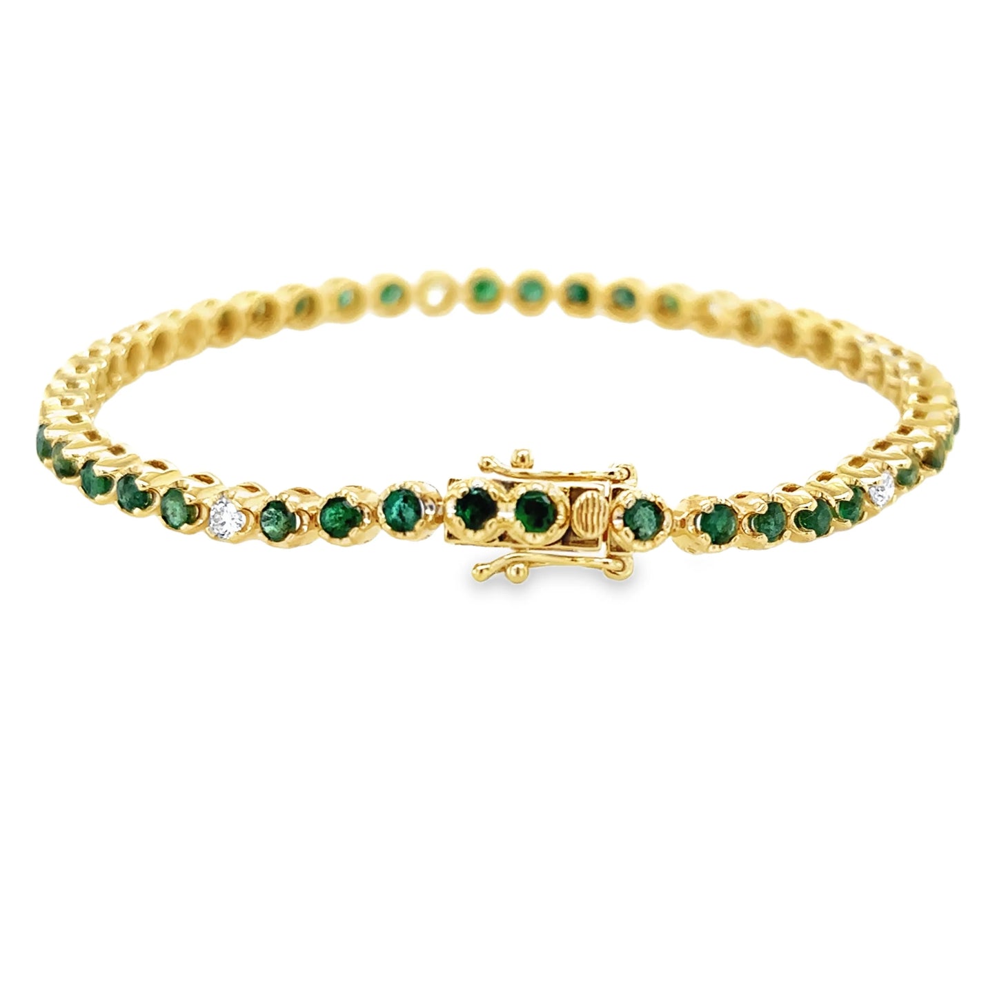 14KT YELLOW GOLD EMERALD AND DIAMOND TENNIS BRACELET