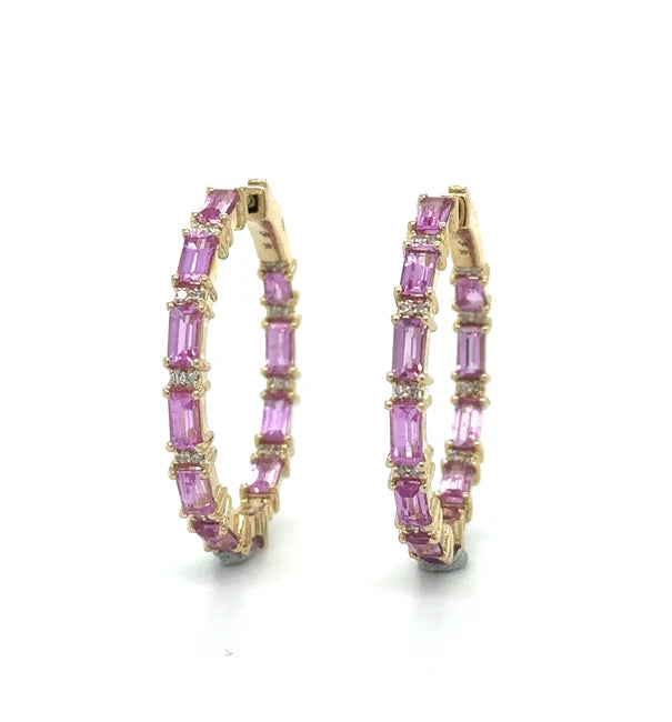 14KT YELLOW GOLD PINK SAPPHIRE AND DIAMOND HOOP EARRING