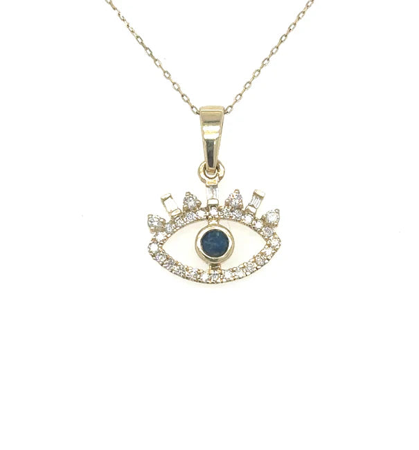 14KT YELLOW GOLD SAPPHIRE AND DIAMONDS EVIL EYE PENDANT