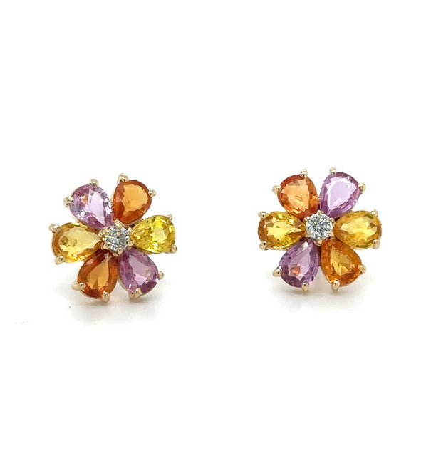 14K YELLOW GOLD FLOWER EARRING WITH MULTI SAPPHIRE AND DIAMONDS