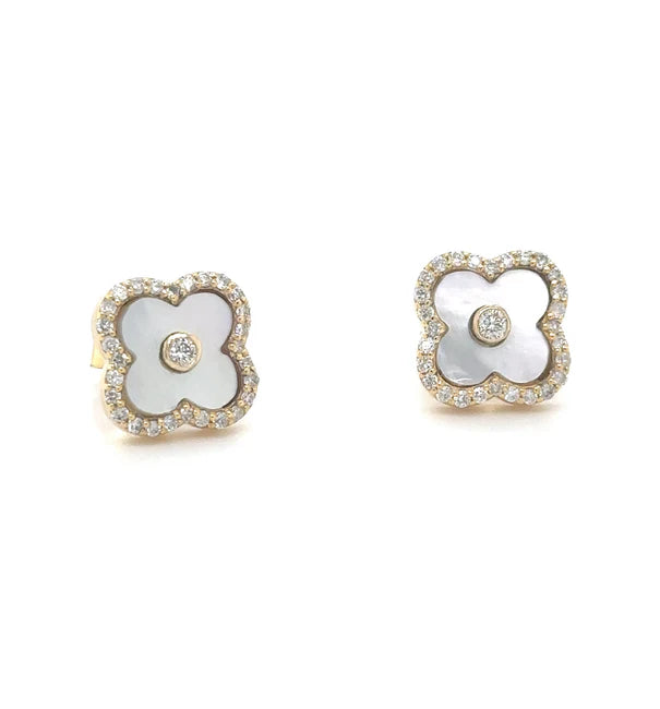 14KT YELLOW GOLD MOTHER OF PEARL AND DIAMONDS CLOVER EARRING