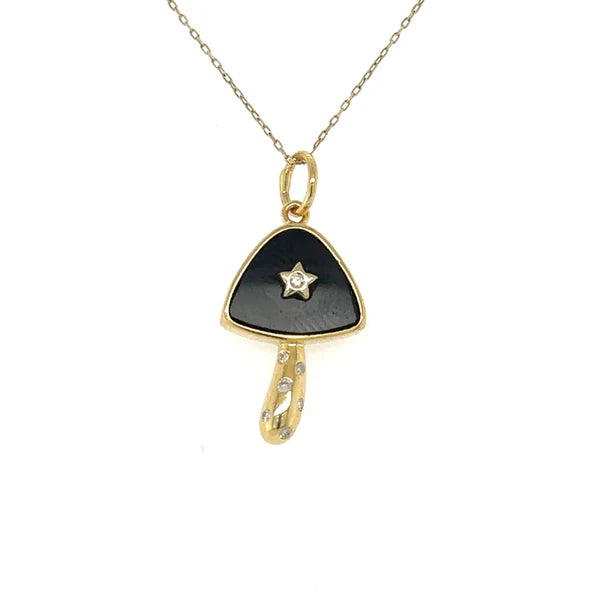 14KT YELLOW GOLD BLACK ONYX MUSHROOM STAR PENDANT WITH DIAMONDS