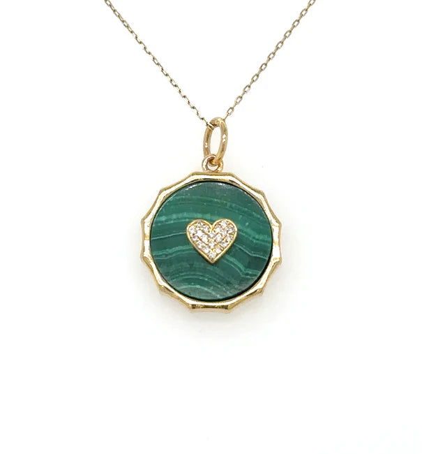 14KT YELLOW GOLD MALACHITE HEART PENDANT WITH DIAMONDS