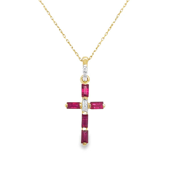 14KT YELLOW GOLD RUBY AND DIAMONDS CROSS PENDANT