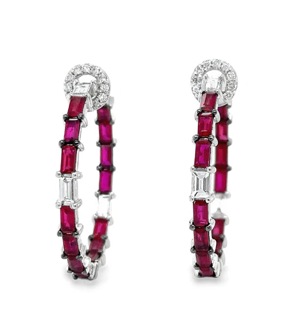 14KT WHITE GOLD RUBY AND DIAMONDS HOOP EARING