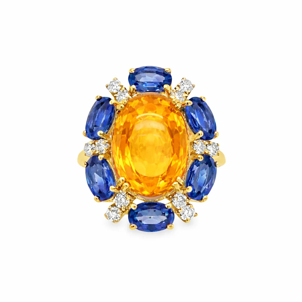 14KT YELLOW GOLD BLUE SAPPHIRE, CITRINE AND DIAMOND RING