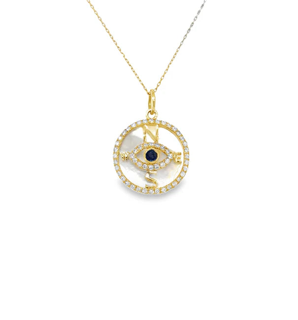 14KT YELLOW GOLD MOTHER OF PEARL AND SAPPHIRE EVIL EYE COMPASS PENDANT WITH DIAMONDS