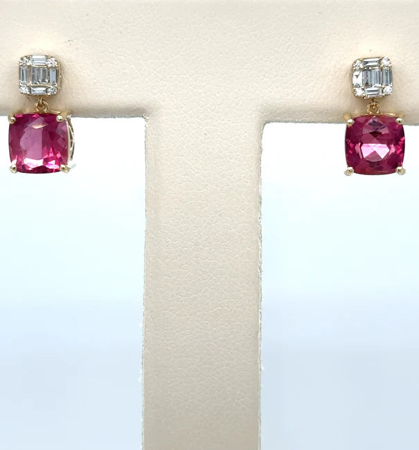 14KT YELLOW GOLD PINK TOURMALINE WITH DIAMONDS EARRING