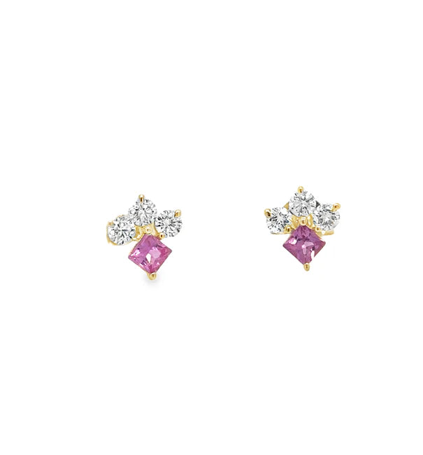 14KT YELLOW GOLD PINK SAPPHIRE AND DIAMONDS EARRING